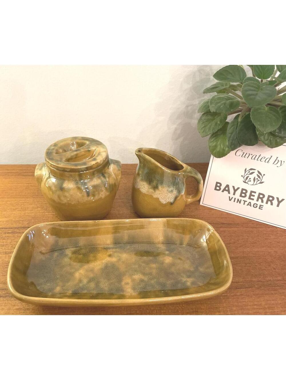 Vintage Beauceware Canada Pottery Tea Set Green Mustard Glaze 1970s